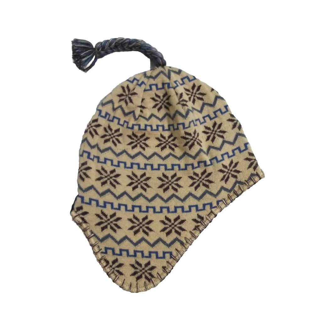 Seirus Wool Blend Beanie Ski Hat Ear Flaps Nordic Fair Isle Snowflakes Brown